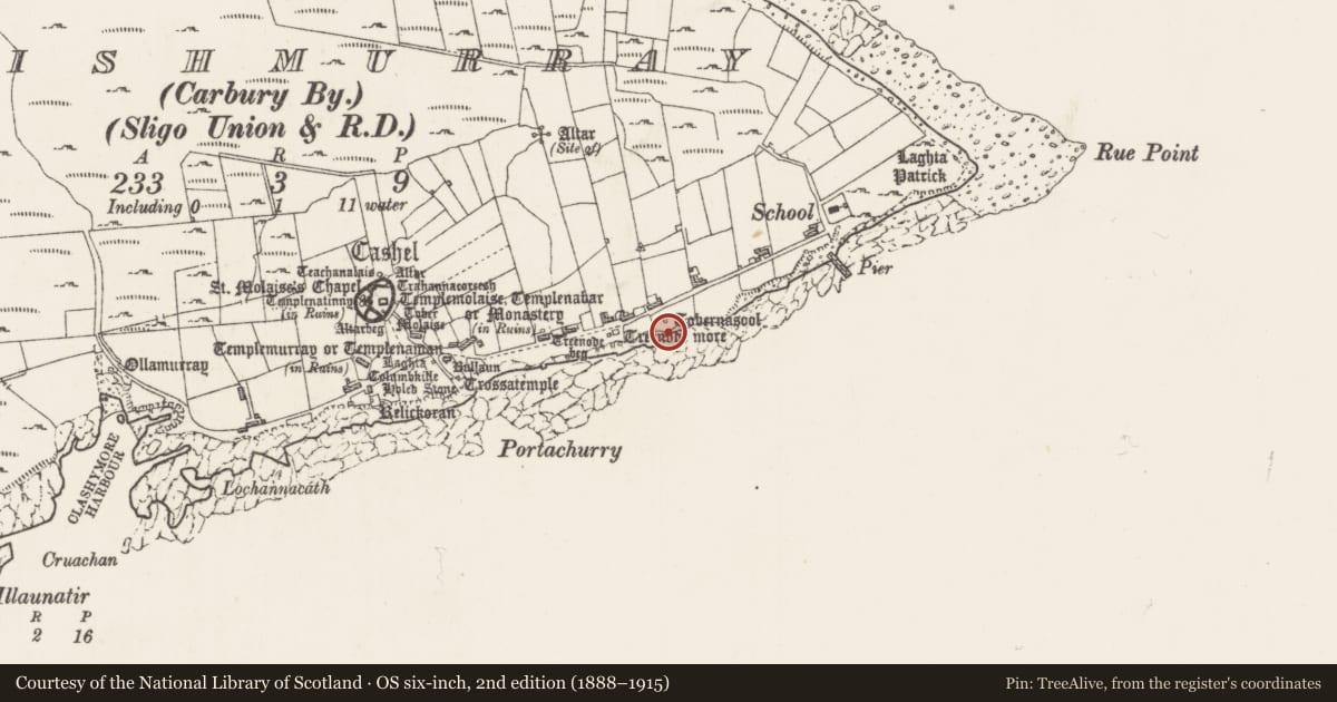 Ordnance Survey six-inch map, 2nd edition (1888–1915) covering the location of Ritual site - holy well, Inishmurray, County Sligo, with a pin at the register's coordinates
