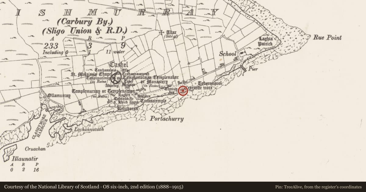 Ordnance Survey six-inch map, 2nd edition (1888–1915) covering the location of Leacht, Inishmurray, County Sligo, with a pin at the register's coordinates