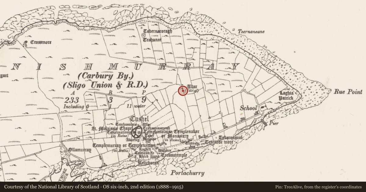 Ordnance Survey six-inch map, 2nd edition (1888–1915) covering the location of Leacht, Inishmurray, County Sligo, with a pin at the register's coordinates