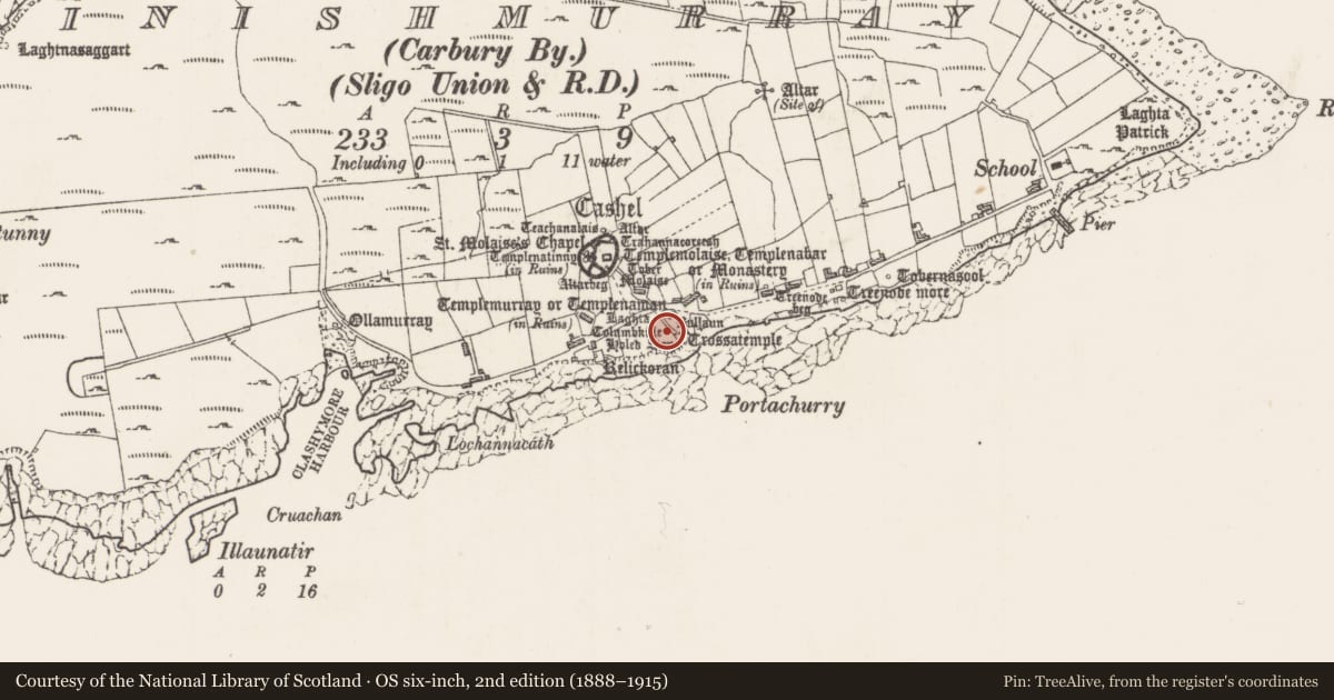 Ordnance Survey six-inch map, 2nd edition (1888–1915) covering the location of Leacht, Inishmurray, County Sligo, with a pin at the register's coordinates