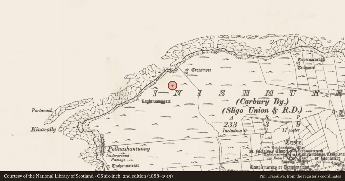 Ordnance Survey six-inch map, 2nd edition (1888–1915) covering the location of Structure, Inishmurray, County Sligo, with a pin at the register's coordinates