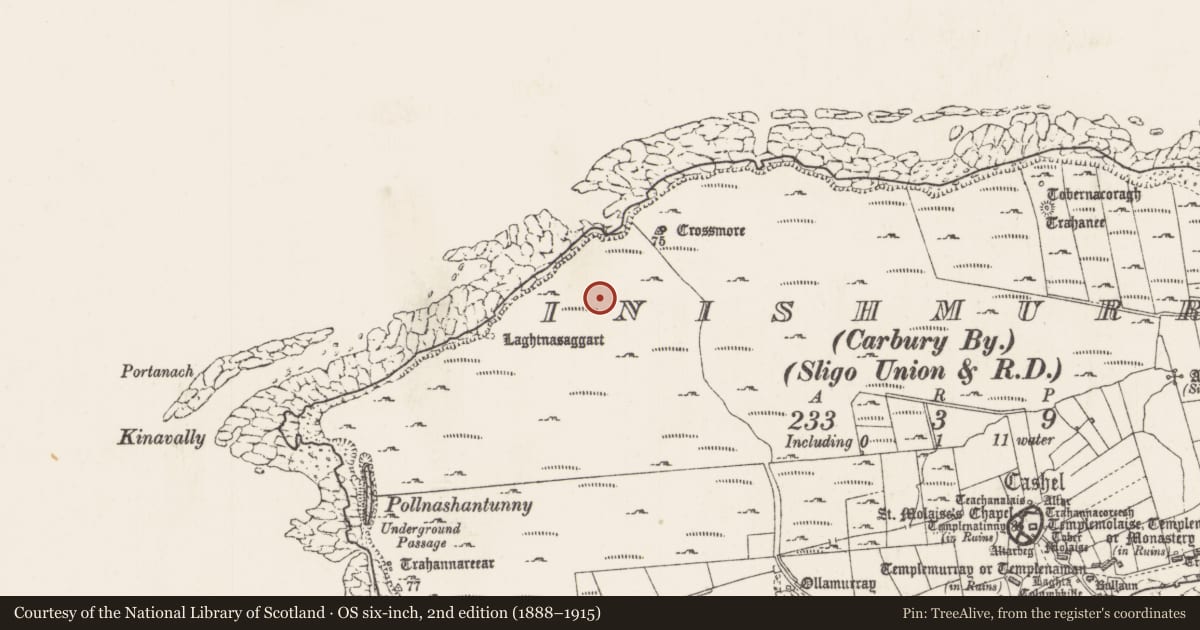 Ordnance Survey six-inch map, 2nd edition (1888–1915) covering the location of Structure, Inishmurray, County Sligo, with a pin at the register's coordinates
