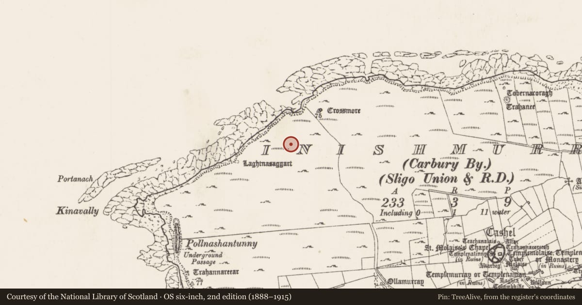 Ordnance Survey six-inch map, 2nd edition (1888–1915) covering the location of Structure, Inishmurray, County Sligo, with a pin at the register's coordinates