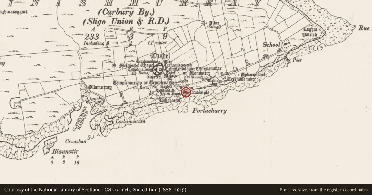 Ordnance Survey six-inch map, 2nd edition (1888–1915) covering the location of Water mill - horizontal-wheeled, Inishmurray, County Sligo, with a pin at the register's coordinates