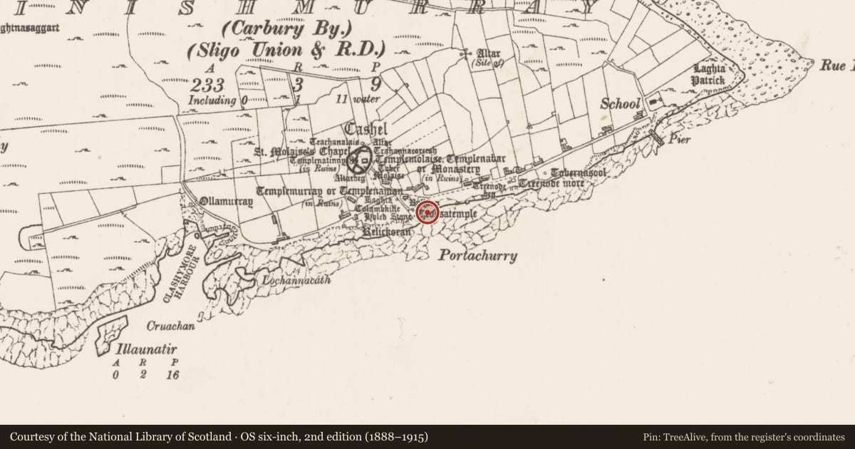 Ordnance Survey six-inch map, 2nd edition (1888–1915) covering the location of Field boundary, Inishmurray, County Sligo, with a pin at the register's coordinates