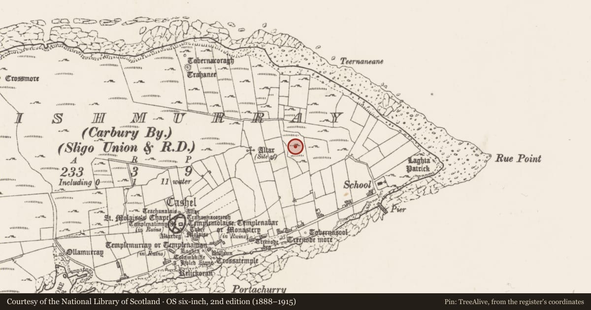Ordnance Survey six-inch map, 2nd edition (1888–1915) covering the location of Field system, Inishmurray, County Sligo, with a pin at the register's coordinates