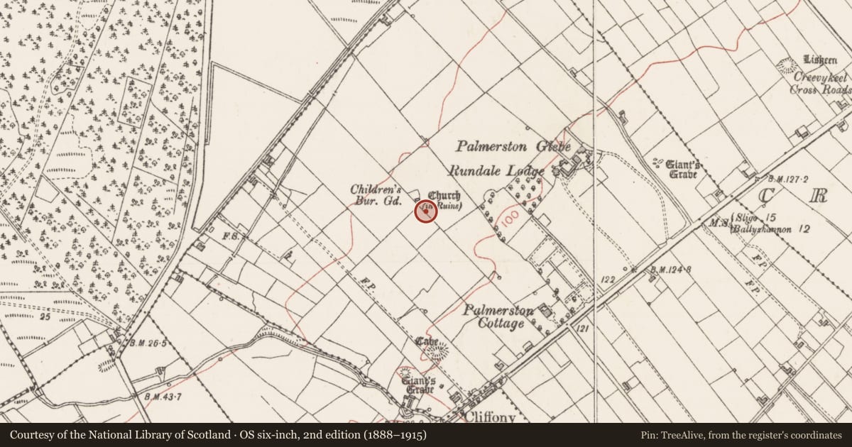 Ordnance Survey six-inch map, 2nd edition (1888–1915) covering the location of Church, Creevymore, County Sligo, with a pin at the register's coordinates