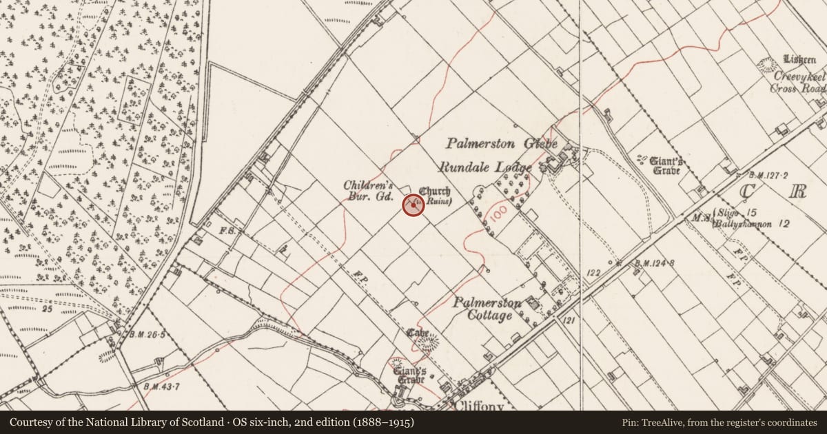 Ordnance Survey six-inch map, 2nd edition (1888–1915) covering the location of Ecclesiastical enclosure, Creevymore, County Sligo, with a pin at the register's coordinates