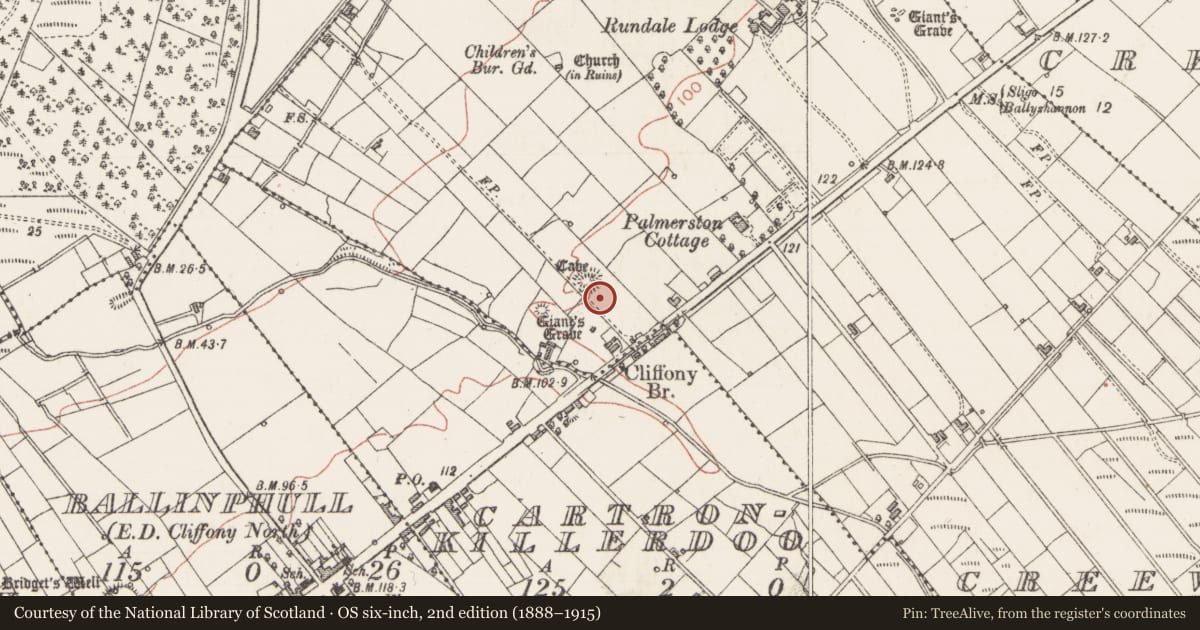 Ordnance Survey six-inch map, 2nd edition (1888–1915) covering the location of Ringfort - rath, Creevymore, County Sligo, with a pin at the register's coordinates