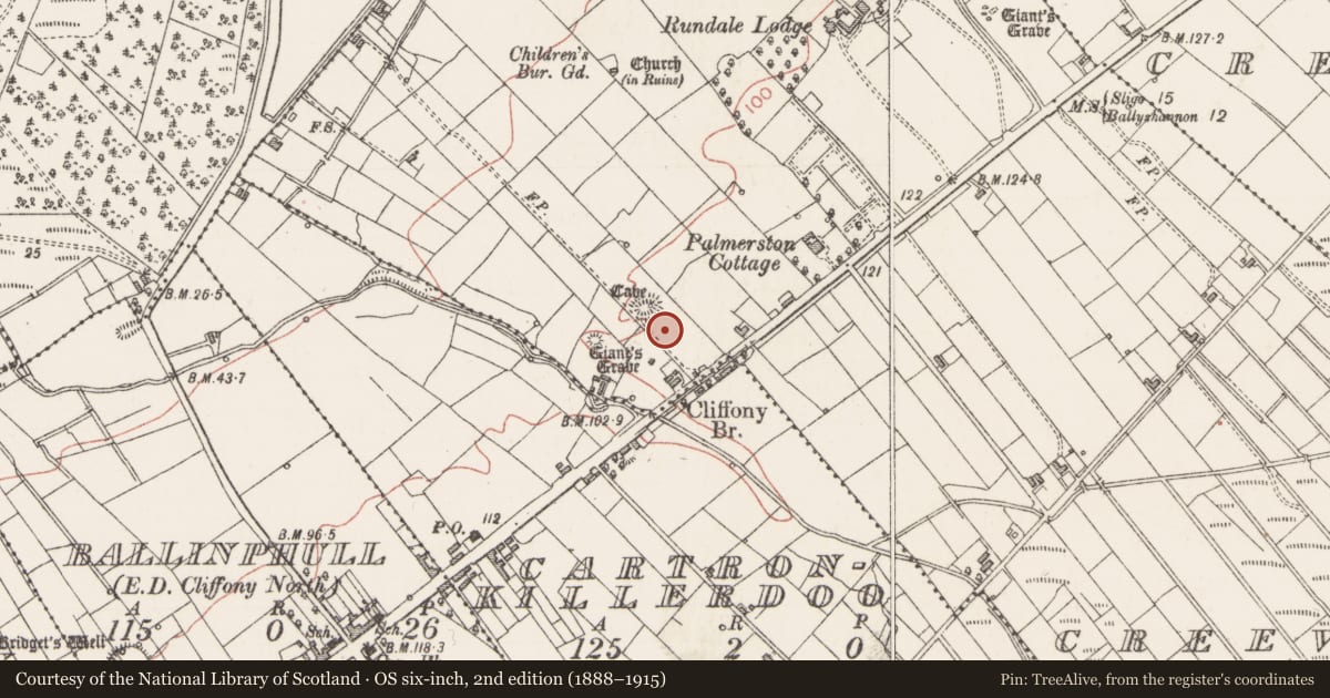 Ordnance Survey six-inch map, 2nd edition (1888–1915) covering the location of Souterrain, Creevymore, County Sligo, with a pin at the register's coordinates