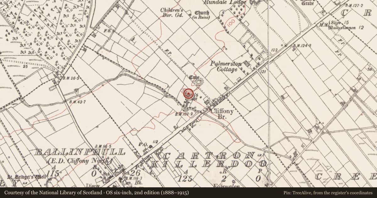 Ordnance Survey six-inch map, 2nd edition (1888–1915) covering the location of Hut site, Creevymore, County Sligo, with a pin at the register's coordinates
