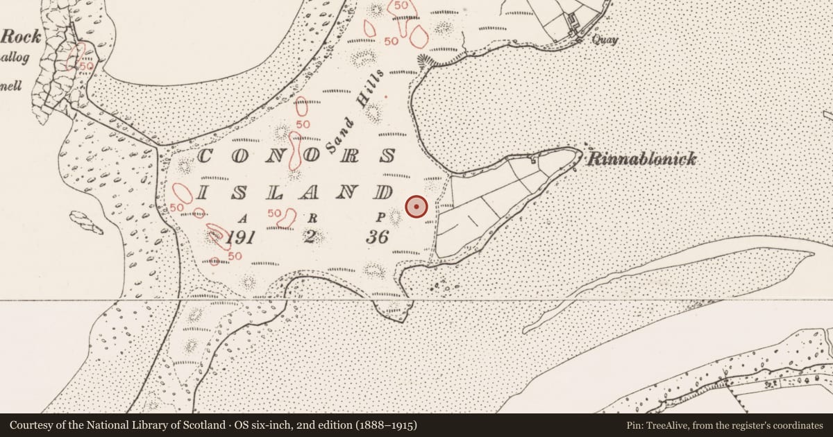 Ordnance Survey six-inch map, 2nd edition (1888–1915) covering the location of Enclosure, Conor'S Island, County Sligo, with a pin at the register's coordinates