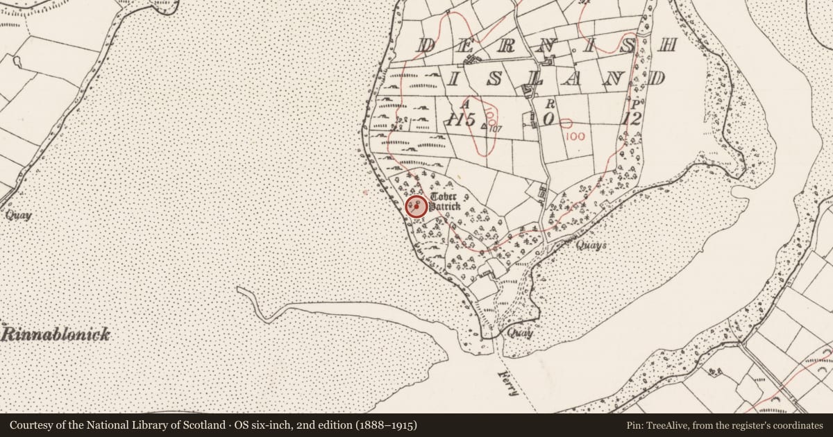 Ordnance Survey six-inch map, 2nd edition (1888–1915) covering the location of Fulacht fia, Dernish Island, County Sligo, with a pin at the register's coordinates
