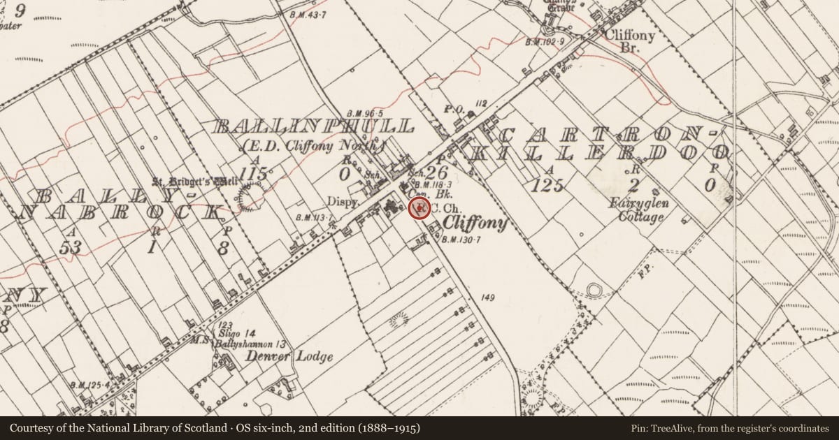 Ordnance Survey six-inch map, 2nd edition (1888–1915) covering the location of Bullaun stone, Ballinphull, County Sligo, with a pin at the register's coordinates