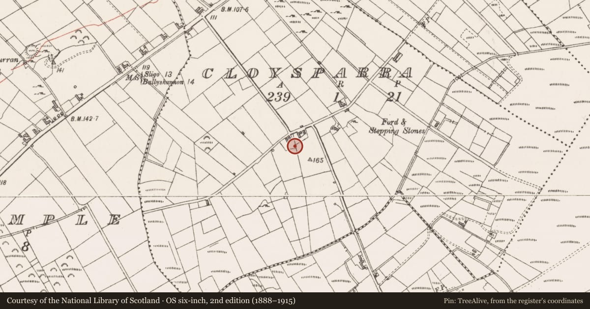 Ordnance Survey six-inch map, 2nd edition (1888–1915) covering the location of Bullaun stone, Cloysparra, County Sligo, with a pin at the register's coordinates