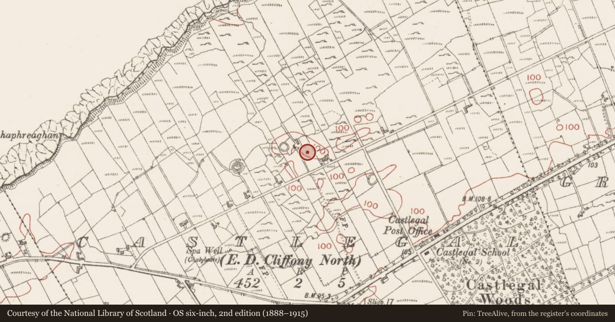 Ordnance Survey six-inch map, 2nd edition (1888–1915) covering the location of Ringfort - cashel, Castlegal, County Sligo, with a pin at the register's coordinates