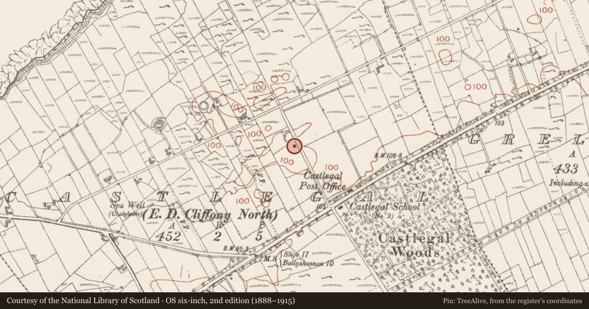 Ordnance Survey six-inch map, 2nd edition (1888–1915) covering the location of Ringfort - cashel, Castlegal, County Sligo, with a pin at the register's coordinates