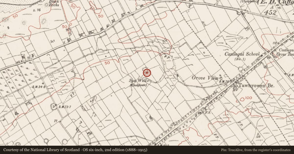 Ordnance Survey six-inch map, 2nd edition (1888–1915) covering the location of Souterrain, Bunduff, County Sligo, with a pin at the register's coordinates