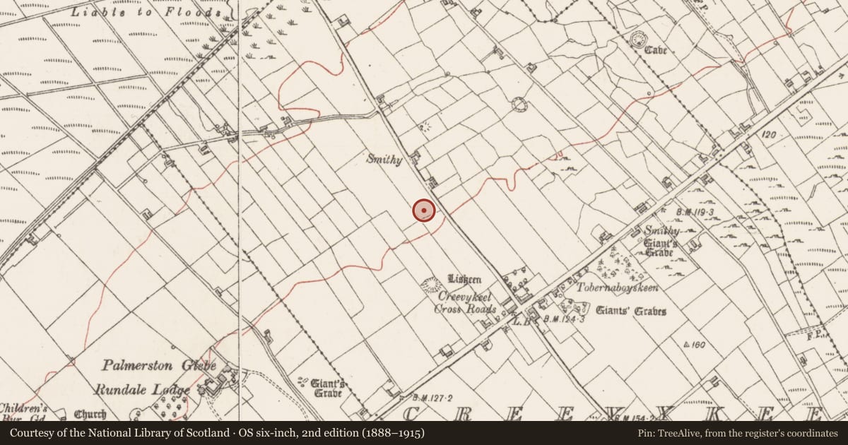 Ordnance Survey six-inch map, 2nd edition (1888–1915) covering the location of Souterrain, Creevykeel, County Sligo, with a pin at the register's coordinates