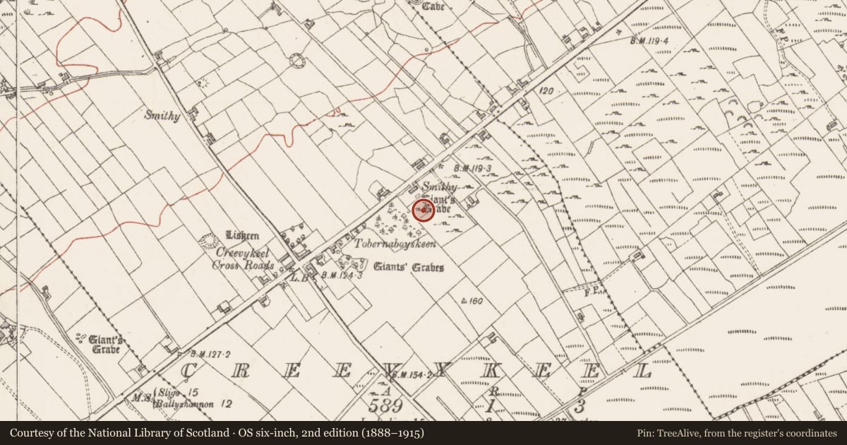 Ordnance Survey six-inch map, 2nd edition (1888–1915) covering the location of Megalithic tomb - unclassified, Creevykeel, County Sligo, with a pin at the register's coordinates