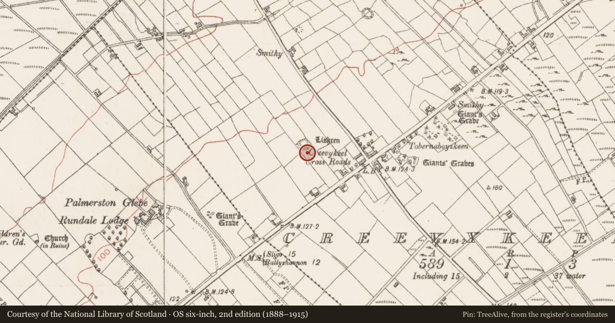 Ordnance Survey six-inch map, 2nd edition (1888–1915) covering the location of Ringfort - cashel, Creevykeel, County Sligo, with a pin at the register's coordinates