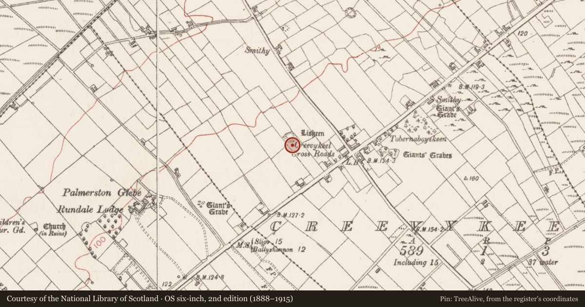 Ordnance Survey six-inch map, 2nd edition (1888–1915) covering the location of Hut site, Creevykeel, County Sligo, with a pin at the register's coordinates