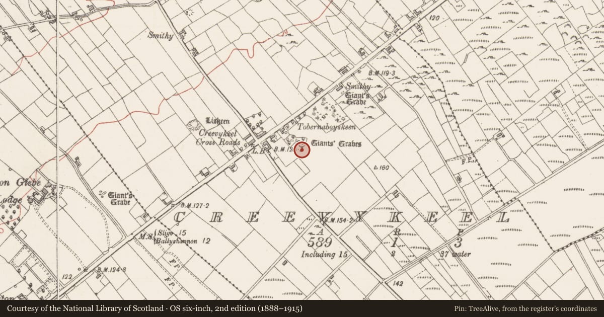 Ordnance Survey six-inch map, 2nd edition (1888–1915) covering the location of Megalithic tomb - court tomb, Creevykeel, County Sligo, with a pin at the register's coordinates
