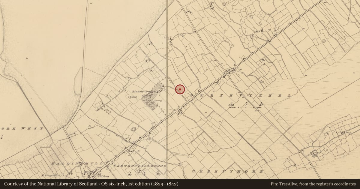 Ordnance Survey six-inch map, 1st edition (1829–1842) covering the location of Megalithic tomb - unclassified, Creevymore, County Sligo, with a pin at the register's coordinates