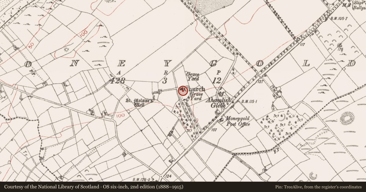 Ordnance Survey six-inch map, 2nd edition (1888–1915) covering the location of Church, Moneygold, County Sligo, with a pin at the register's coordinates