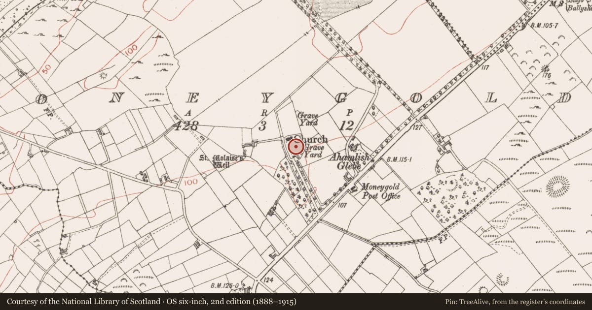 Ordnance Survey six-inch map, 2nd edition (1888–1915) covering the location of Graveyard, Moneygold, County Sligo, with a pin at the register's coordinates