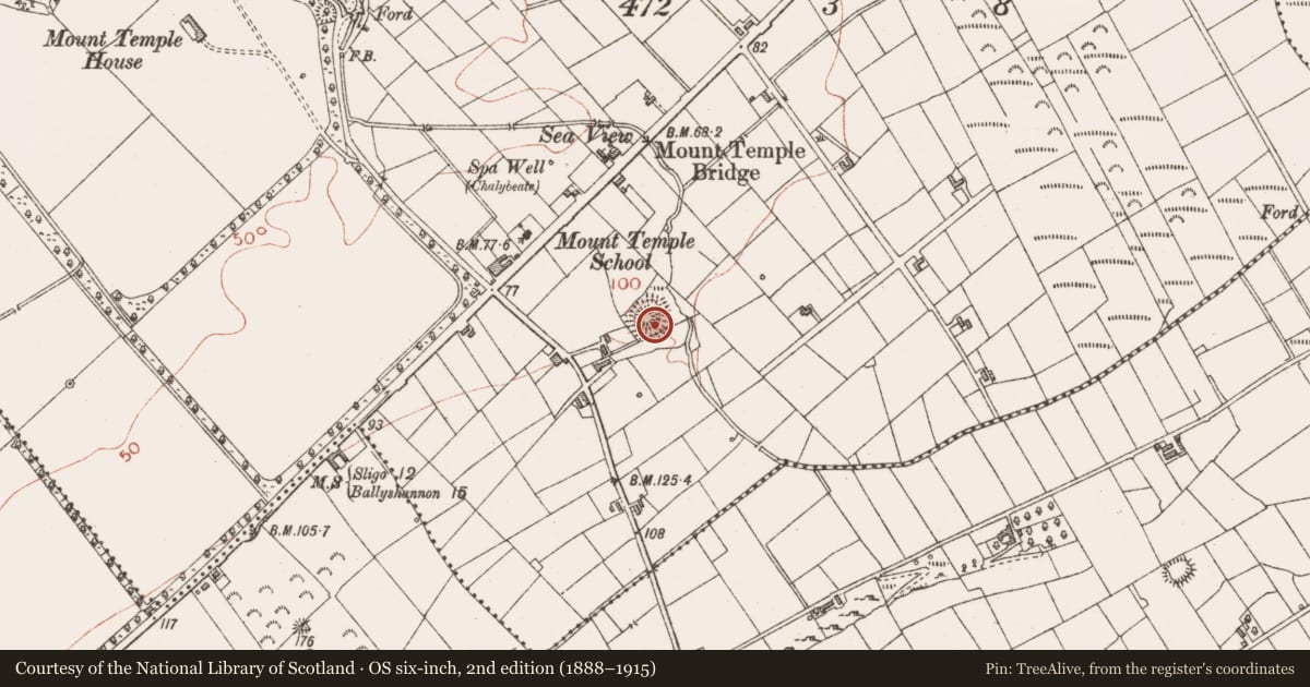 Ordnance Survey six-inch map, 2nd edition (1888–1915) covering the location of Souterrain, Mount Temple, County Sligo, with a pin at the register's coordinates
