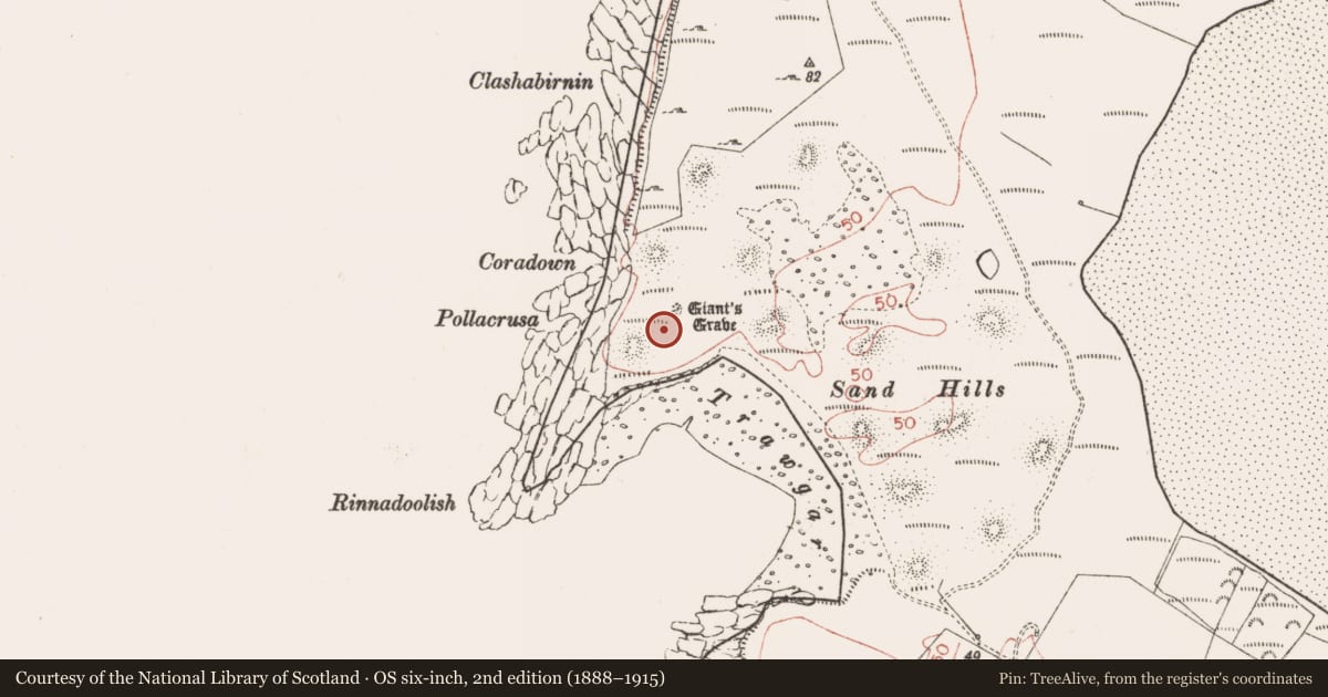Ordnance Survey six-inch map, 2nd edition (1888–1915) covering the location of Megalithic tomb - wedge tomb, Streedagh, County Sligo, with a pin at the register's coordinates