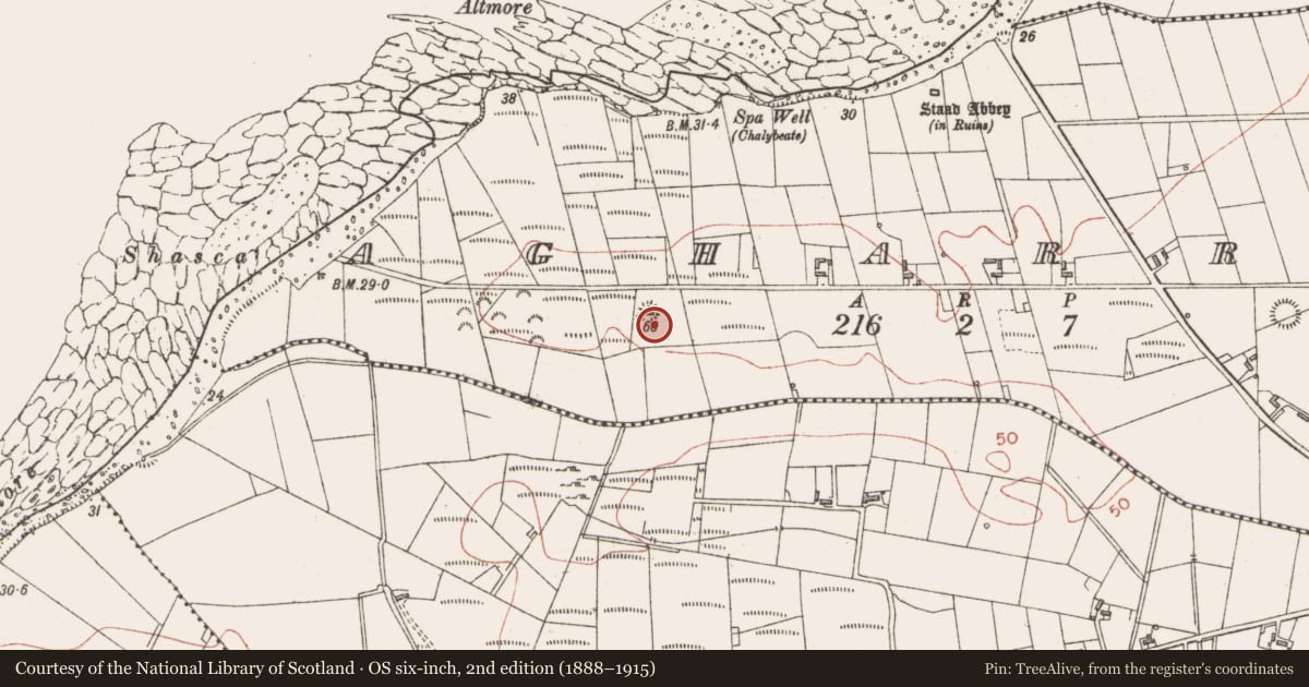 Ordnance Survey six-inch map, 2nd edition (1888–1915) covering the location of Ringfort - rath, Agharrow, County Sligo, with a pin at the register's coordinates