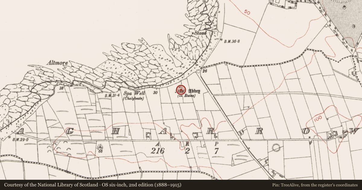 Ordnance Survey six-inch map, 2nd edition (1888–1915) covering the location of Church, Agharrow, County Sligo, with a pin at the register's coordinates