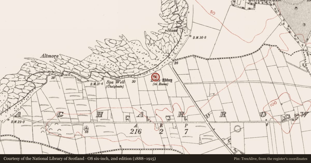 Ordnance Survey six-inch map, 2nd edition (1888–1915) covering the location of Kiln - lime, Agharrow, County Sligo, with a pin at the register's coordinates