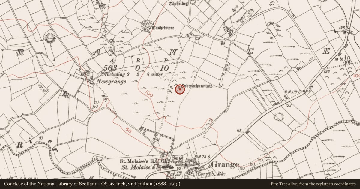 Ordnance Survey six-inch map, 2nd edition (1888–1915) covering the location of Ritual site - holy well, Grange, County Sligo, with a pin at the register's coordinates