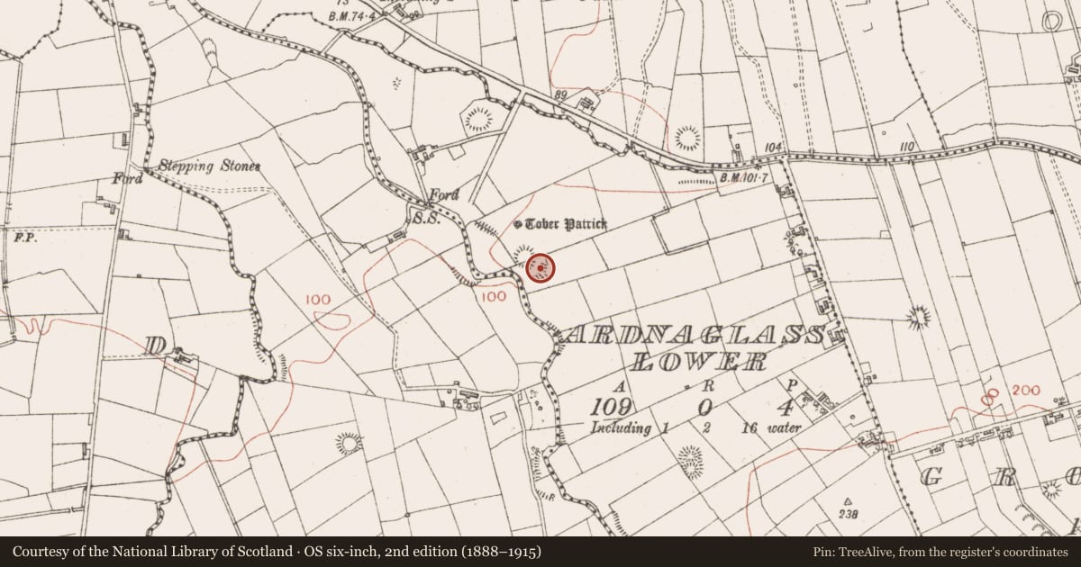 Ordnance Survey six-inch map, 2nd edition (1888–1915) covering the location of Children's burial ground, Ardnaglass Lower, County Sligo, with a pin at the register's coordinates