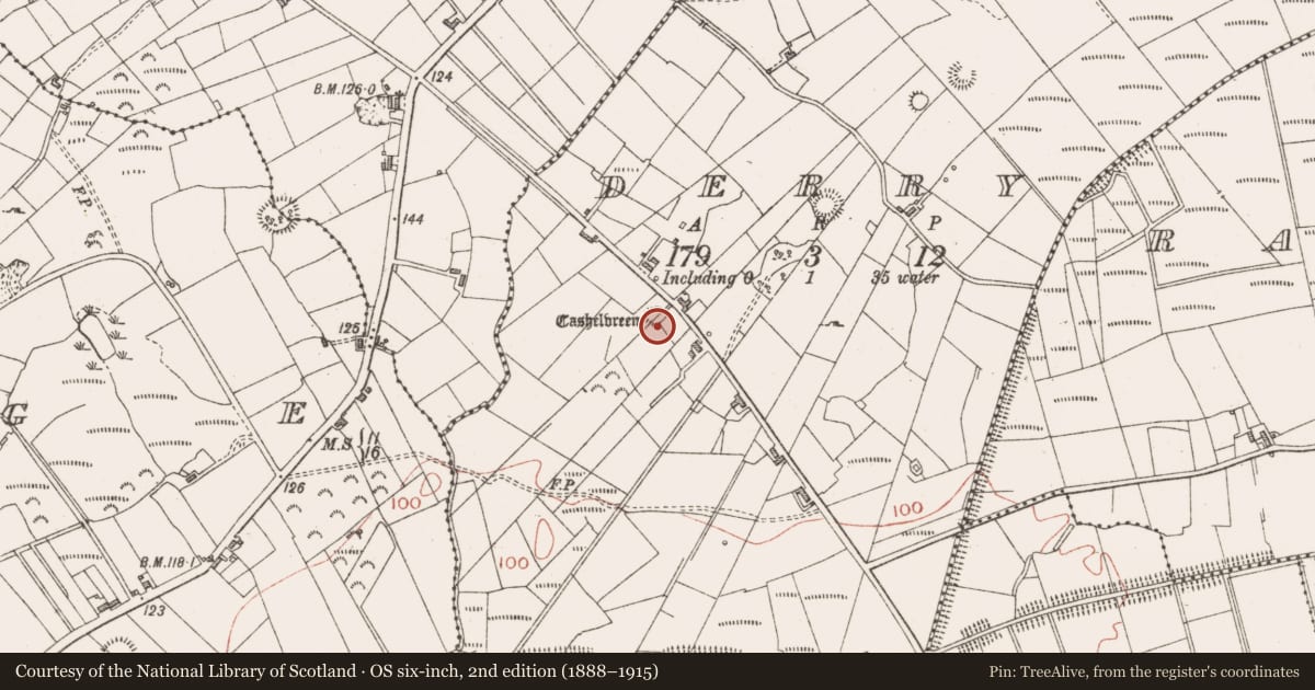 Ordnance Survey six-inch map, 2nd edition (1888–1915) covering the location of Souterrain, Derry, County Sligo, with a pin at the register's coordinates