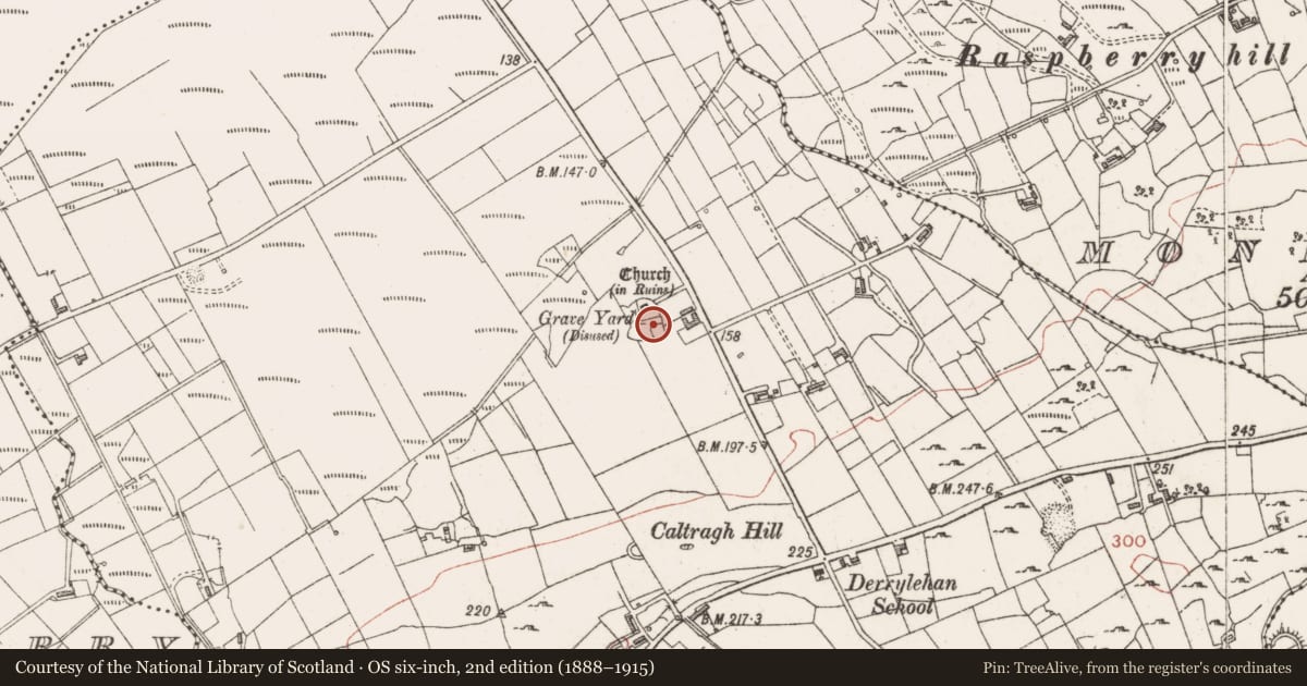 Ordnance Survey six-inch map, 2nd edition (1888–1915) covering the location of Graveyard, Derrylehan, County Sligo, with a pin at the register's coordinates