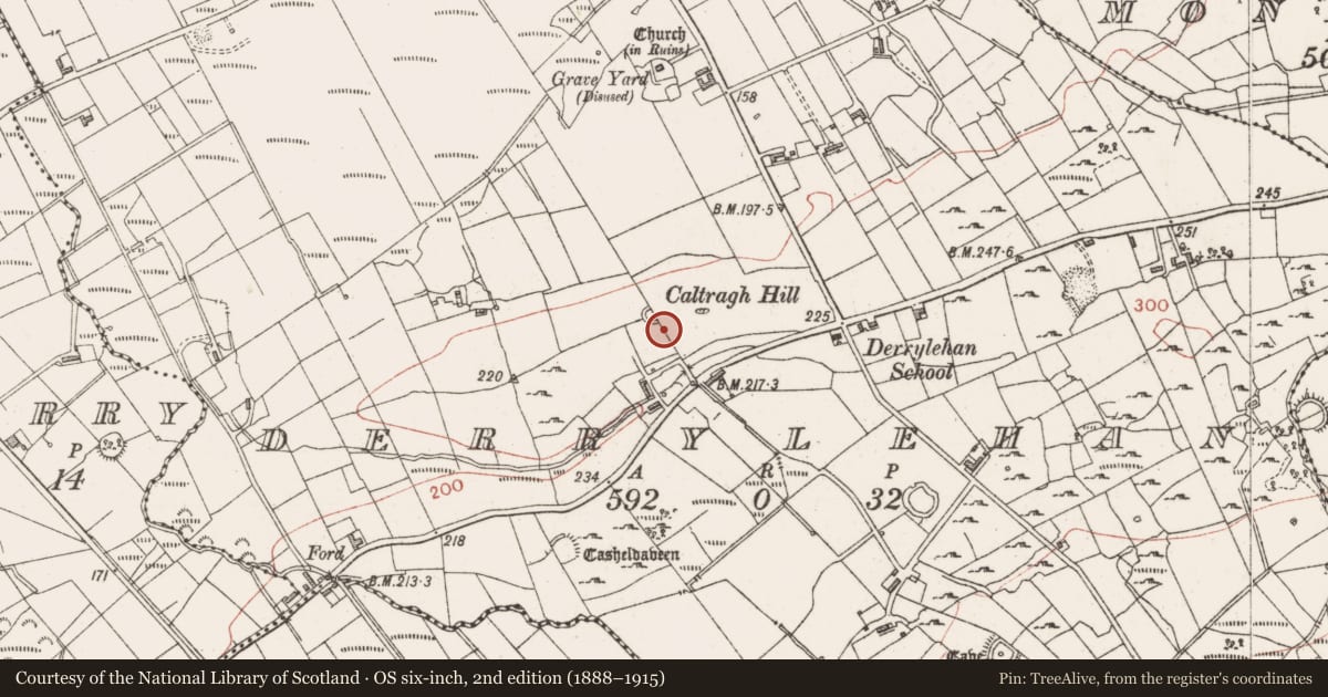 Ordnance Survey six-inch map, 2nd edition (1888–1915) covering the location of Ringfort - cashel, Derrylehan, County Sligo, with a pin at the register's coordinates