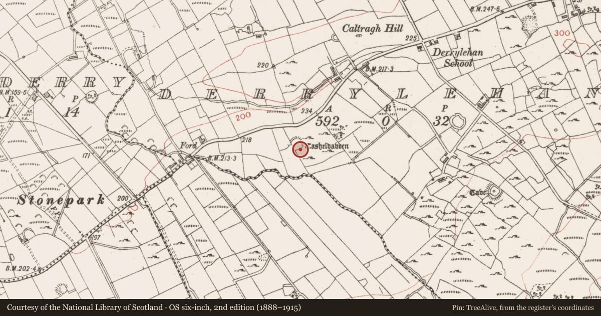Ordnance Survey six-inch map, 2nd edition (1888–1915) covering the location of Ringfort - cashel, Derrylehan, County Sligo, with a pin at the register's coordinates