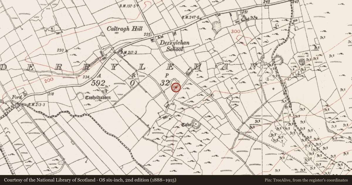 Ordnance Survey six-inch map, 2nd edition (1888–1915) covering the location of Ringfort - cashel, Derrylehan, County Sligo, with a pin at the register's coordinates
