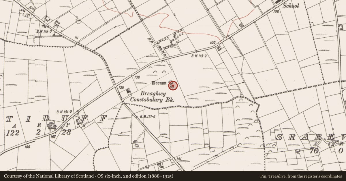 Ordnance Survey six-inch map, 2nd edition (1888–1915) covering the location of Barrow - bowl-barrow, Breaghwy, County Sligo, with a pin at the register's coordinates