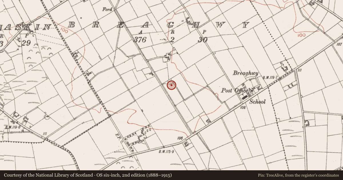 Ordnance Survey six-inch map, 2nd edition (1888–1915) covering the location of Earthwork, Breaghwy, County Sligo, with a pin at the register's coordinates