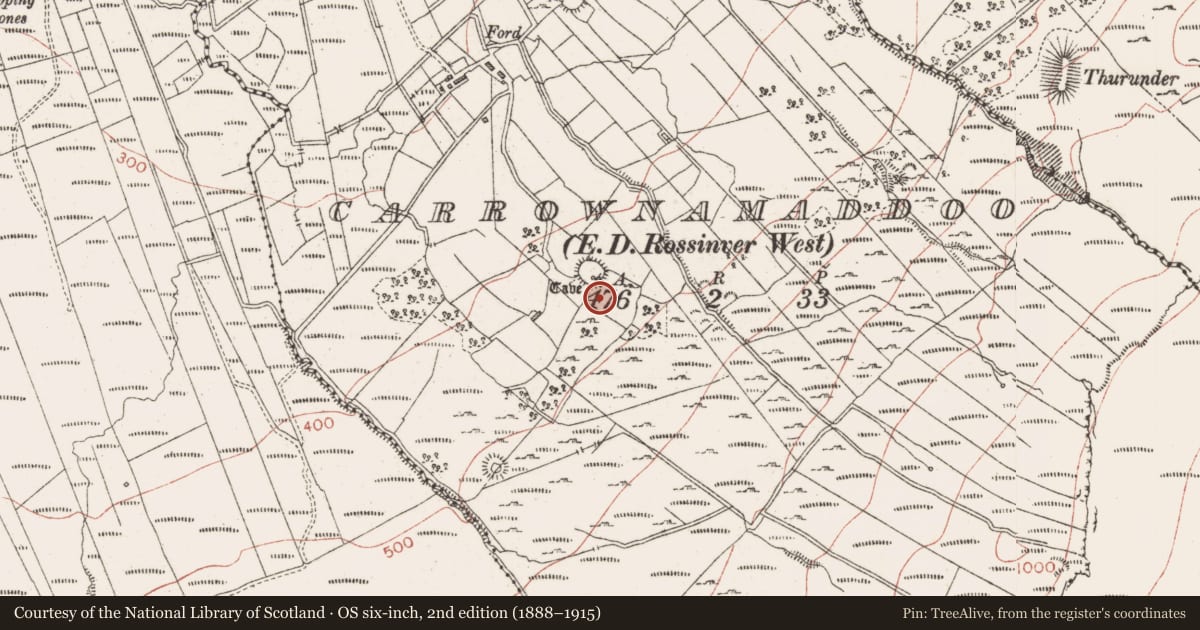 Ordnance Survey six-inch map, 2nd edition (1888–1915) covering the location of House - 18th/19th century, Carrownamaddoo, County Sligo, with a pin at the register's coordinates