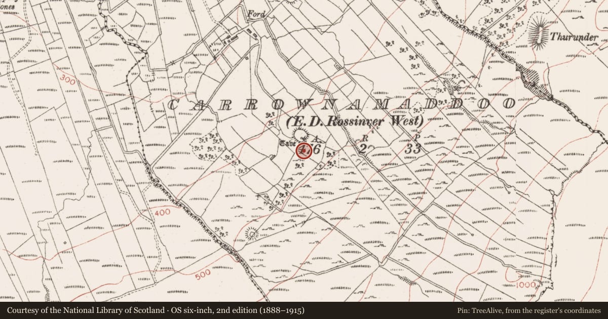 Ordnance Survey six-inch map, 2nd edition (1888–1915) covering the location of Structure, Carrownamaddoo, County Sligo, with a pin at the register's coordinates