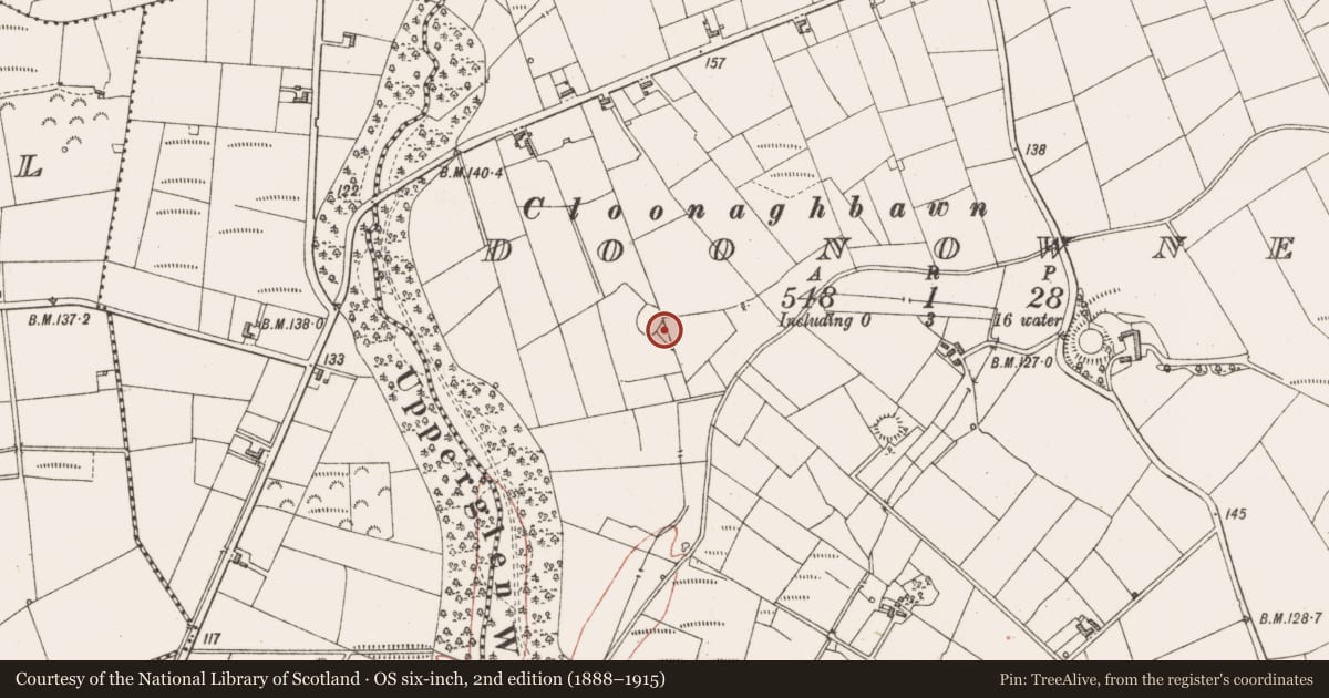 Ordnance Survey six-inch map, 2nd edition (1888–1915) covering the location of Enclosure, Doonowney, County Sligo, with a pin at the register's coordinates
