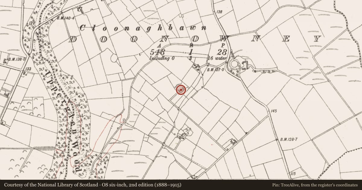 Ordnance Survey six-inch map, 2nd edition (1888–1915) covering the location of Ringfort - rath, Doonowney, County Sligo, with a pin at the register's coordinates