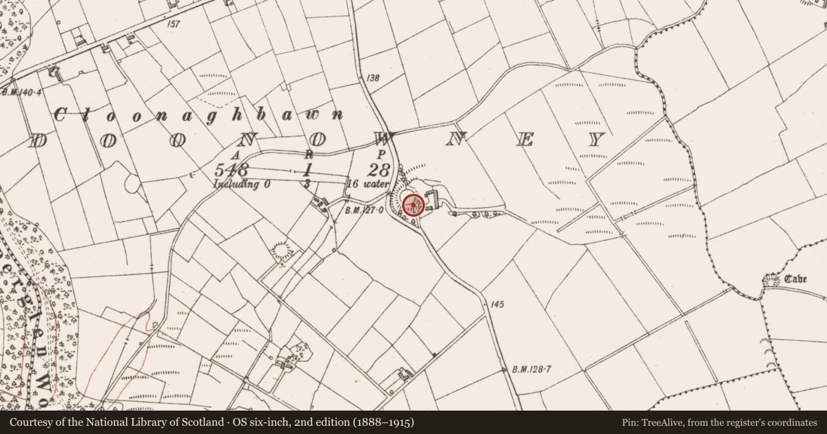 Ordnance Survey six-inch map, 2nd edition (1888–1915) covering the location of Ringfort - cashel, Doonowney, County Sligo, with a pin at the register's coordinates