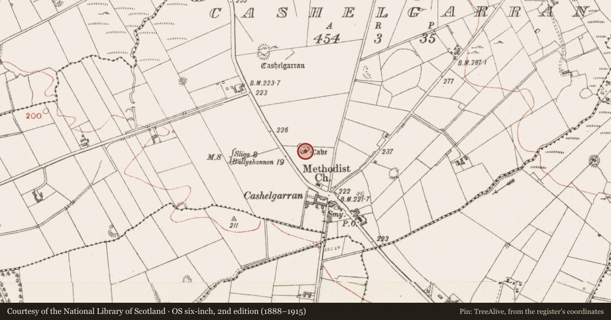 Ordnance Survey six-inch map, 2nd edition (1888–1915) covering the location of Ringfort - cashel, Cashelgarran, County Sligo, with a pin at the register's coordinates